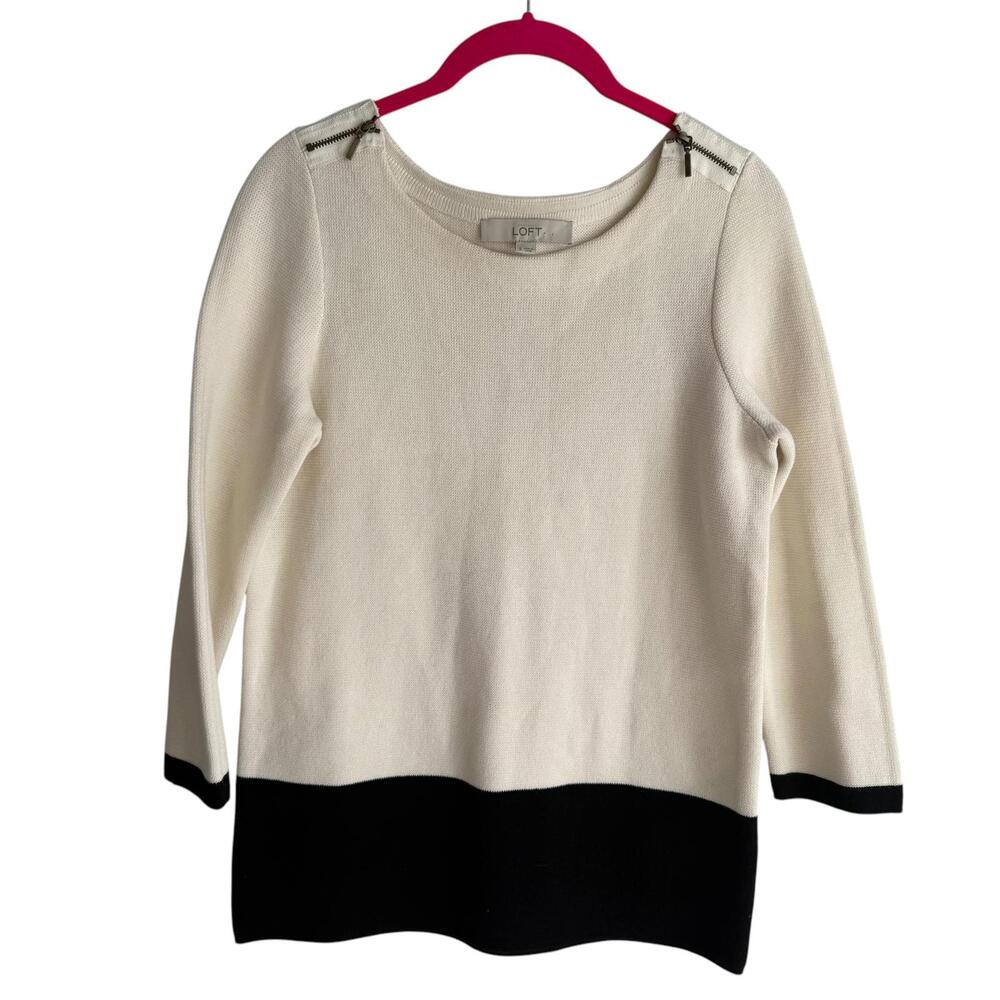 LOFT Cream and‎ Black Ladies 3/4 Length Sleeve Career Sweater Top, S